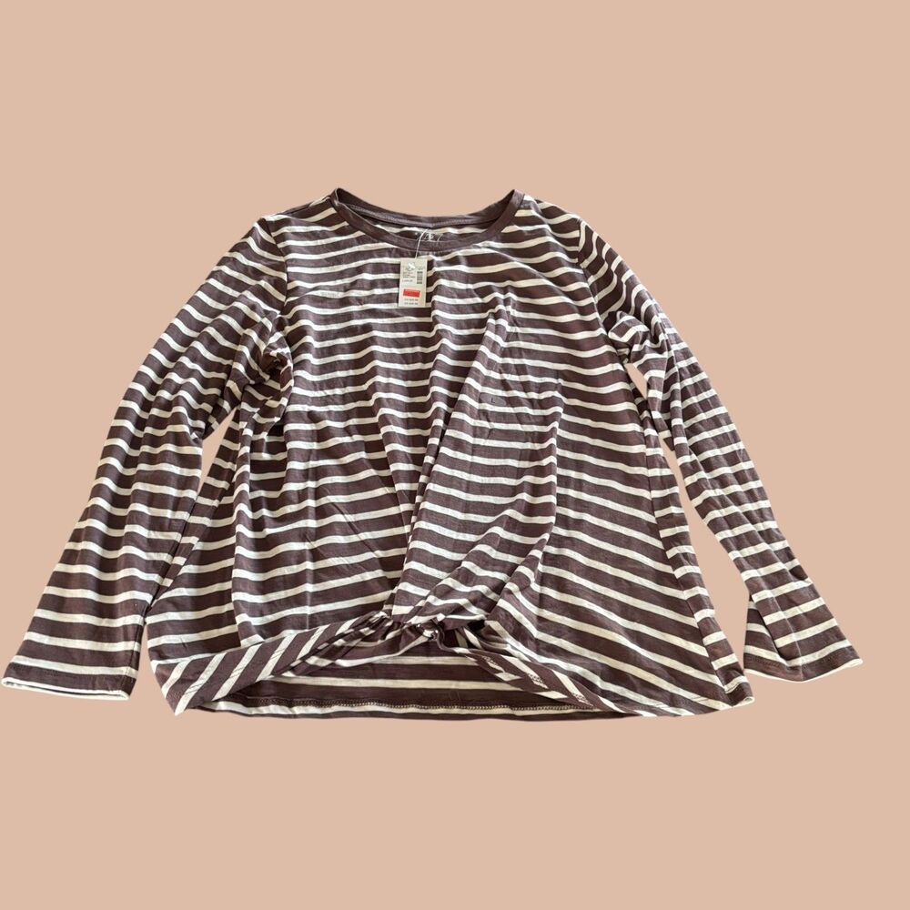 Maurices Top Womens Size Large Maroon Striped Twist Front Long Sleeve Crew Neck